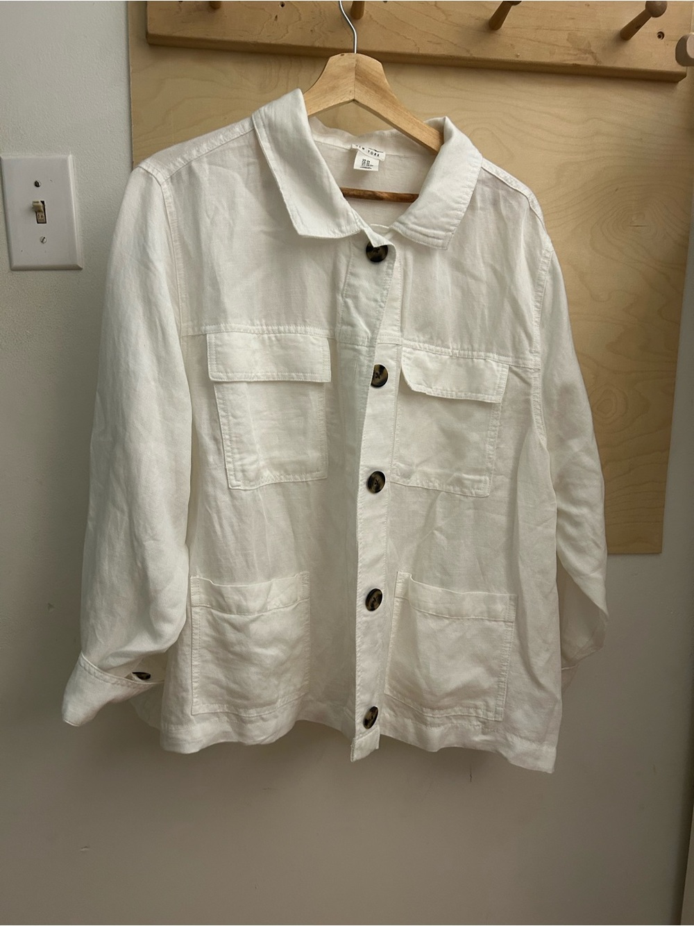 White boxy utility Button-Front Linen Jacket 2x